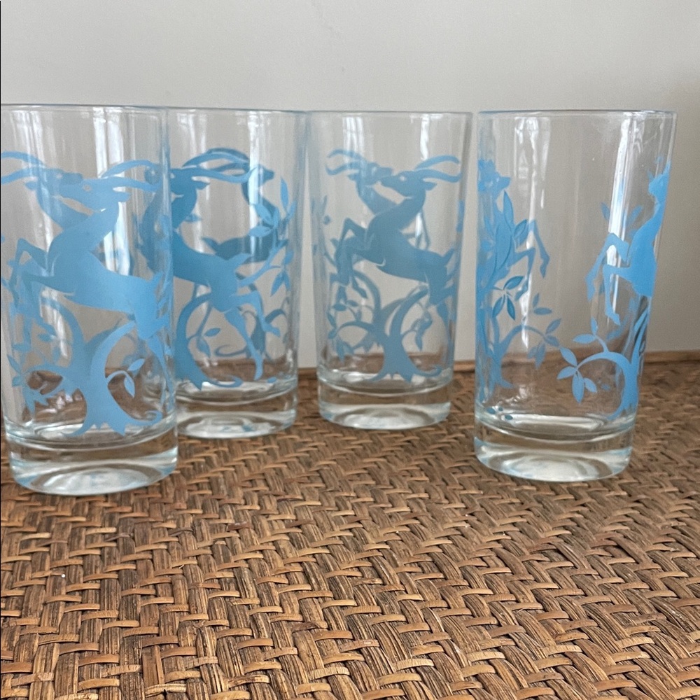 Set of Four Federal MCM Mid Century Leaping Gazelle 5” Blue Glasses-Barware